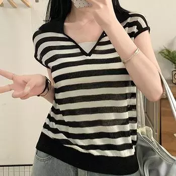 Майки женские летние 2025 года без рукавов с V-образным вырезом черные полосатые трикотажные майки женские топы JJ208 One Size