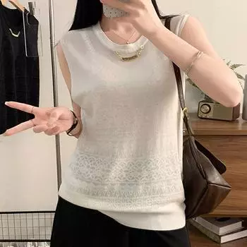 Майки женские летние 2025 года без рукавов с круглым вырезом черные узкие трикотажные майки женские топы JJ209 One Size чёрный