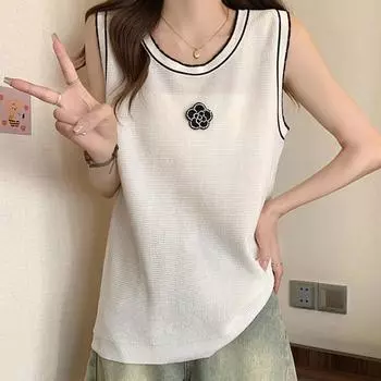 Майки женские летние 2025 года без рукавов с круглым вырезом белые черные трикотажные цветочные майки женские топы JJ240 One Size чёрный