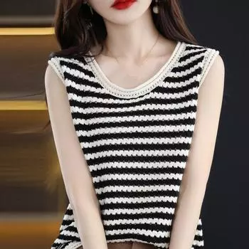 Майки женские летние 2025 года без рукавов с круглым вырезом в полоску трикотажные майки женские топы JJ313 One Size