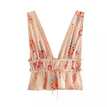 Майки, женские модные топы с завязками и принтом, сексуальные топы с открытой спиной и широкими бретелями, женские майки Mujer с v-образным вырезом, повседневная одежда XXL бежевый