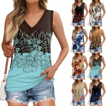 Майки женские повседневные мягкие летние топы без рукавов с принтом и V-образным вырезом M синий