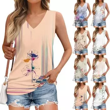 Майки женские повседневные мягкие летние топы без рукавов с принтом и V-образным вырезом XXL