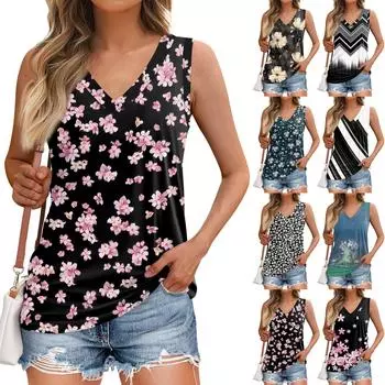 Майки женские повседневные мягкие летние топы без рукавов с принтом и V-образным вырезом L тёмно-синий