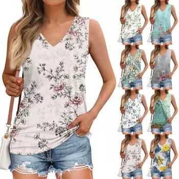 Майки женские повседневные мягкие летние топы без рукавов с принтом и V-образным вырезом L зелёный