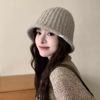 Майяр носит вязаные шапки для женщин, большая окружность головы осенью и зимой, однотонные, простые теплые панамы для женщин, с высоким чувством юмора M (56-58cm) edge cloth label knitted basin hat