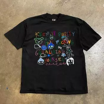 Make Money for Charity 260G Heavy Weight Pure Cotton! Graffiti Couple Women s Loose Short-Sleeved T-shirt Men Black 3XL [260g Heavy weight pure cotton]]