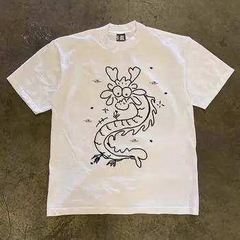 Make Money for Charity 260G Heavy Weight Pure Cotton! Real Dragon Vintage American Letters Couple Clothes for Men and Women Loose White 3XL [260g Heavy weight pure cotton]]