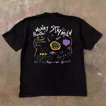 Make Money for Charity 260G Heavy Weight Pure Cotton! American Retro Letters Men and Women Couple Loose Short Sleeve T-Shirt Black XL [260g Heavy weight pure cotton]]