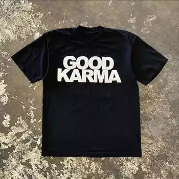 Make Money for Charity 260G Heavy Weight Pure Cotton! Niche Design Good Luck Letter Male and Female Couple Short Sleeve T-shirt Black 2XL [260g Heavy weight pure cotton]]