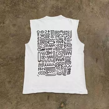 Make Money to Do Charity Suction Ventilation Pure Cotton! Back Graffiti Oversize Loose Couple Outfit Sleeveless Vest White M [250g Heavy weight pure cotton]]