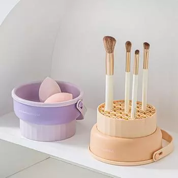 Makeup Brush Cleaning Box Silicone Beauty Egg Cleaning Tool Set Beauty Washing Bowl Storage Box Powder Puff Drying Rack фиолетовый