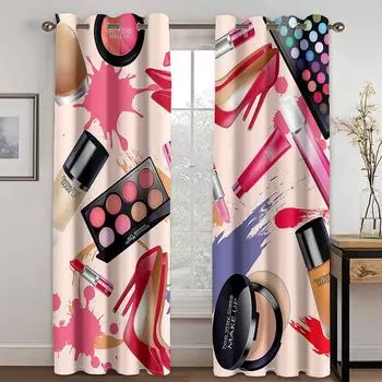 Makeup Brush Lipstick Nail Polish High Heels Printed Curtain 2 pieces suitable for Girls Bedroom Window cortinas Grommet Top (W50H130cm)-2pcs&Hook