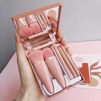 Makeup Brush Suit Mini-Portable Morandi Boxed Super Soft Hair 5 PCs with Makeup Mirror Travel Makeup Tools Man-made fiber 5 Pink bean paste Suit