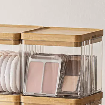 Makeup Holder Canister with Divider Bamboo Wood Lid Anti Slip Storage Box Cosmetic for Makeup Pad