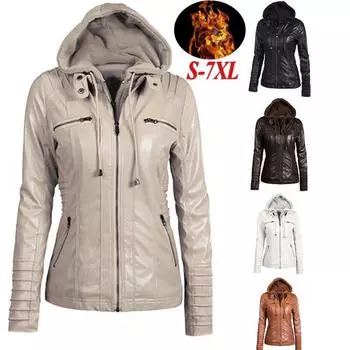 MakeWishes Плюс Размер S-7XL Женская Кожа PU С Капюшоном Молния Мотоциклетная Байкерская Куртка Пальто Осень Зима Теплое Пальто 7XL чёрный