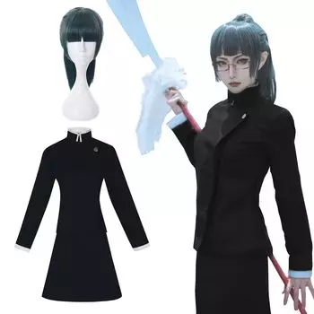 Маки Косплей с очками для косплея 4-го класса Дзюдзюцу Кайсен, полный взрослый культурный парик для косплея Маки [Камидзу Рёхин] Парик Зен ин, костюм, в комплекте, набор,