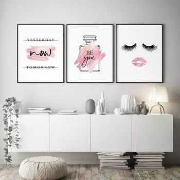 Макияж с принтом ресниц, настенное искусство, холст, картина, розовое золото, декор комнаты, флакон духов, постеры, розовые настенные картины Beyou для спальни, без рамки 21*30cm No Frame