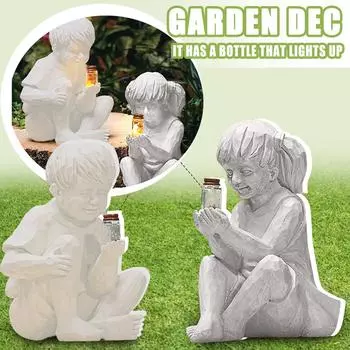 Мальчик Девочка Солнечная Статуя Светлячки Банка Скульптура Клумба Двор Газон