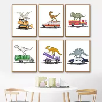 Мальчик динозавр детская настенная живопись на холсте пожарная машина машина скорой помощи плакаты на скандинавскую тему и принт домашний декор фотографии детская спальня A4 21X30cm No Framed