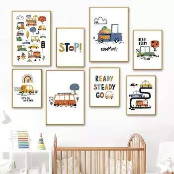 Мальчик Машина Грузовик Движение Радуга Детские Цитаты Настенное Искусство Холст Картина Скандинавские Плакаты И Принты Настенные Картины Декор Детской Комнаты 21x30cm No Framed