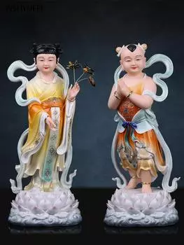 Мальчик Шаньцай, золотой мальчик из смолы и девочка из нефрита, ребенок под троном бодхисаттвы Гуаньинь, украшения для подношений дома, 1 шт. 22x16x30cm