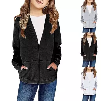 Мальчики Девочки Детская толстовка с капюшоном на молнии Свободная однотонная спортивная рубашка с капюшоном Толстовка Куртка Пальто с карманом 100 чёрный