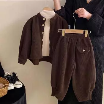 Мальчики Девочки Корейский Вельветовый Однобортный Брюки С Воротником-стойкой Весна Осень Детский Повседневный Комплект Из Двух Частей Одежда 140cm коричневый