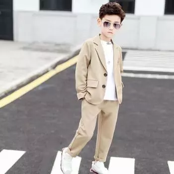 Мальчики Длинный рукав Повседневный пиджак костюмы куртка брюки 2 шт школьная форма подростковая детская одежда комплект Детский костюм 160cm зелёный