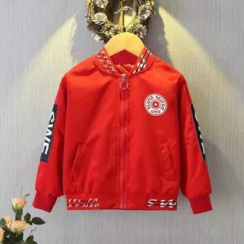 Мальчики и дети весна и осень короткое пальто тонкий бомбер куртка с буквенным принтом верхнее пальто 150 красный