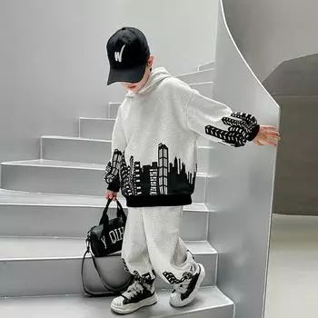Мальчики Красивые Осень Весна Четыре Сезона Повседневные Комплекты Подростковые Тенденции Топ + Брюки Комплект из 2 предметов Наряды Толстовка Костюм Детская Одежда 170
