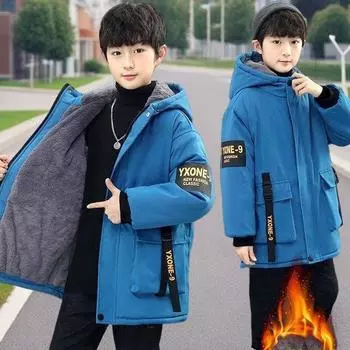 Мальчики осень и зима стеганая и утолщенная свободная теплая куртка в длинной верхней одежде с капюшоном 170