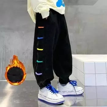 Мальчики осень и зима свободные утепленные брюки средние и большие дети в талии повседневные спортивные брюки 170 чёрный