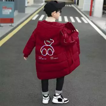 Мальчики осень и зима теплая с капюшоном утепленная куртка средней длины светящаяся утолщенная повседневная верхняя одежда 170 чёрный