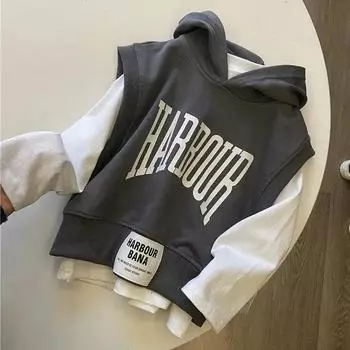 Мальчики осень с капюшоном буквы топы средние дети спортивный повседневный пуловер толстовка 130 серый