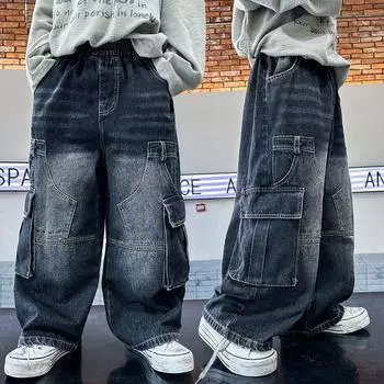 Мальчики ретро джинсы весна и осень красивые прямые свободные широкие брюки 170 чёрный