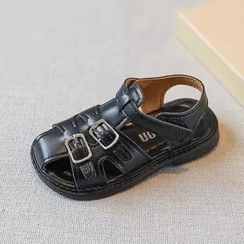Мальчики закрытые пальцы ног дети милый ретро британский стиль дикий школьные туфли плоские нескользящие детские модные летние сандалии 2024 года на липучке 21 чёрный