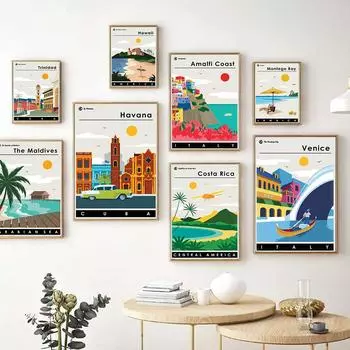 Мальдивы, Венеция, Гавайи, туризм, принт, минималистский настенный рисунок, тропический пляж, пальма, фреска для дома 21cm30cm NoFrame