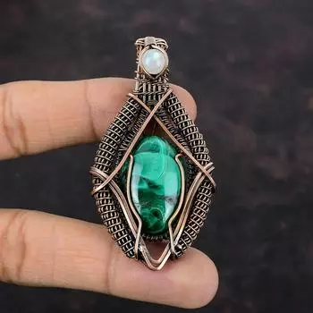 Malachite Copper Wire Wrapped Pendant Rainbow Moonstone Pendant Gemstone Jewelry Handmade Wire Wrap Pendant Designer Copper Jewelry For Mom
