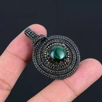 Малахитовый драгоценный камень, медная проволочная обертка, красивая ручная работа, ювелирное украшение, кулон для нее 1.77 inches зелёный