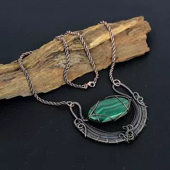 Малахитовый драгоценный камень, ручная работа, медная проволока, регулируемое ожерелье для нее 18 Inches With Adjustable зелёный