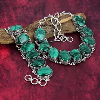 Ожерелье из малахита, регулируемый браслет-цепочка из стерлингового серебра 925 пробы, подарок для женщин, комплект ювелирных изделий из ожерелья и браслета из драгоценных камней ручной работы Adjustable With 8 -18 зелёный