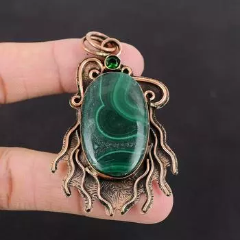 Подвеска из малахита, подвеска из хромдиопсида, медная подвеска, подвеска из драгоценного камня, новинка ручной работы, подвеска из меди, дизайнерское ювелирное изделие, подарок другу