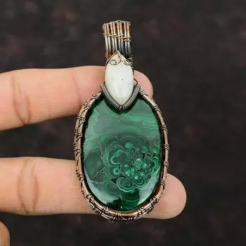 Подвеска из малахита, подвеска из медной проволоки с драгоценным камнем, натуральный радужный лунный камень, ювелирное украшение в подарок маме, уникальное украшение из меди, подвеска ручной работы