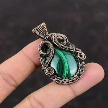Малахитовый кулон, обернутый медной проволокой, оригинальный кулон из драгоценных камней, малахитовые украшения, медная проволока, подарок для мамы, подвески ручной работы