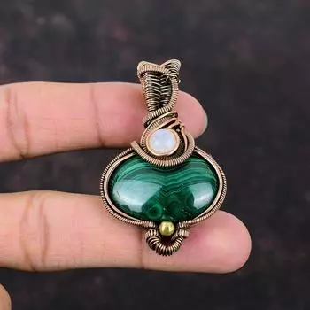 Подвеска из малахита, подвеска из медной проволоки, подвеска из радужного лунного камня, ювелирное изделие ручной работы, подвеска из драгоценного камня, уникальное медное ювелирное изделие, подарок для нее