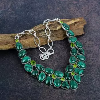 Малахит, драгоценные камни перидот, ожерелье из стерлингового серебра 925 пробы, великолепное ожерелье из малахита ручной работы, подарок на помолвку Adjustable with 18 inches зелёный
