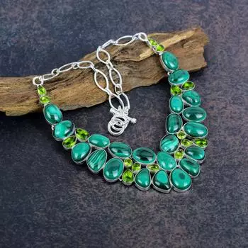 Малахит, драгоценные камни перидот, ожерелье из стерлингового серебра 925 пробы, великолепное ожерелье из малахита ручной работы, подарок на помолвку Adjustable with 18 inches зелёный