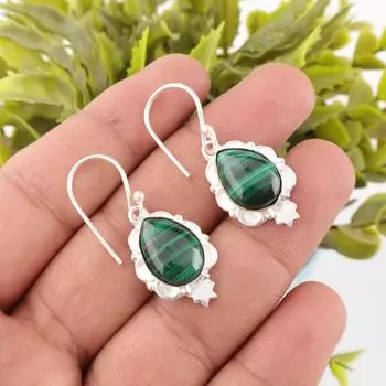 Малахит Драгоценный Камень 925 Проба Серебро Ювелирные Изделия Ручной Работы Женские Серьги 1,6 Для Подарка EE-163-28