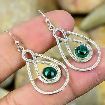 Малахит - Серьги ручной работы из серебра 925 пробы в Конго 1,87 дюйма SE1418-4